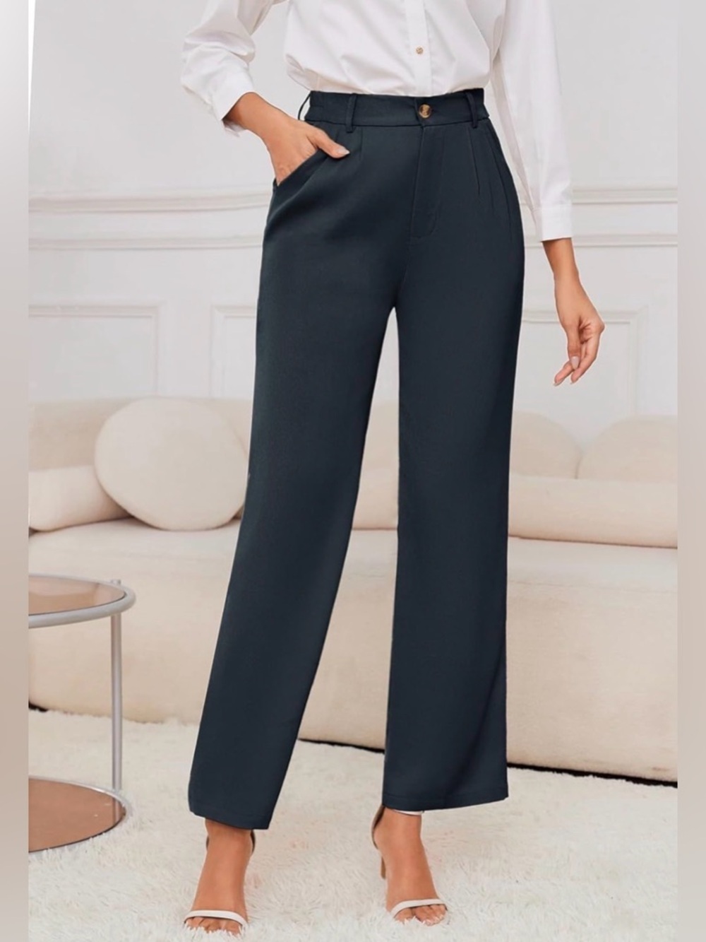 NWT Women Petite Dress Pants High Waist Wide Leg sz M Navy - Picture 3 of 4